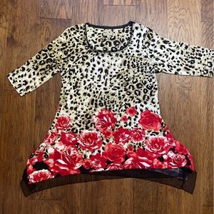 Vtg Kerry Brooke Brown Leopard Rose Floral Tunic Blouse Top Beaded Neck Large